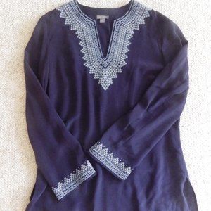 NWOT Ann Taylor Embroidered Navy Silk Tunic Size M